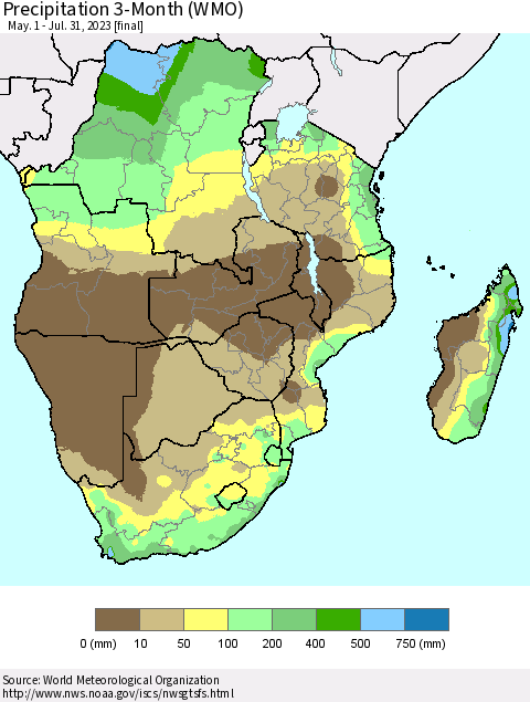 Southern Africa Precipitation 3-Month (WMO) Thematic Map For 5/1/2023 - 7/31/2023