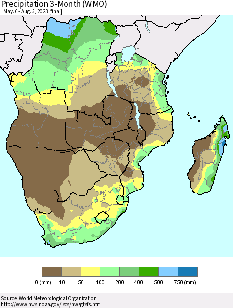 Southern Africa Precipitation 3-Month (WMO) Thematic Map For 5/6/2023 - 8/5/2023
