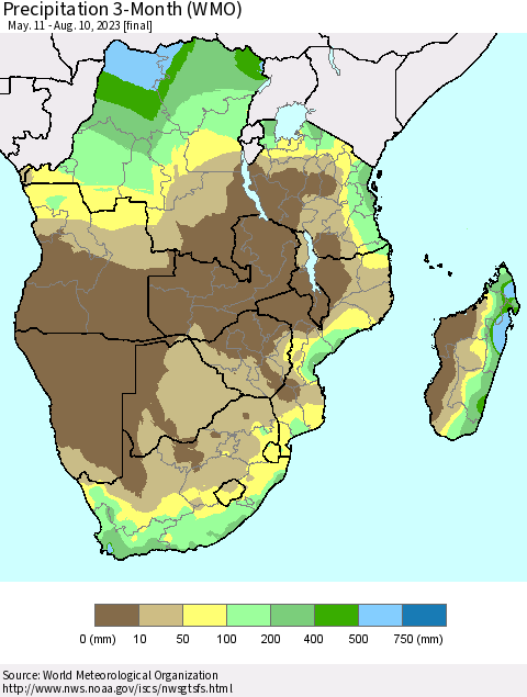 Southern Africa Precipitation 3-Month (WMO) Thematic Map For 5/11/2023 - 8/10/2023