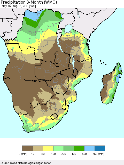 Southern Africa Precipitation 3-Month (WMO) Thematic Map For 5/16/2023 - 8/15/2023