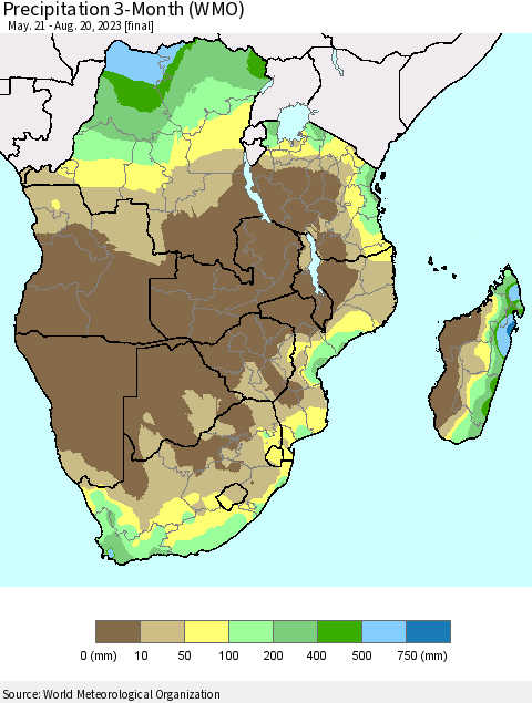 Southern Africa Precipitation 3-Month (WMO) Thematic Map For 5/21/2023 - 8/20/2023