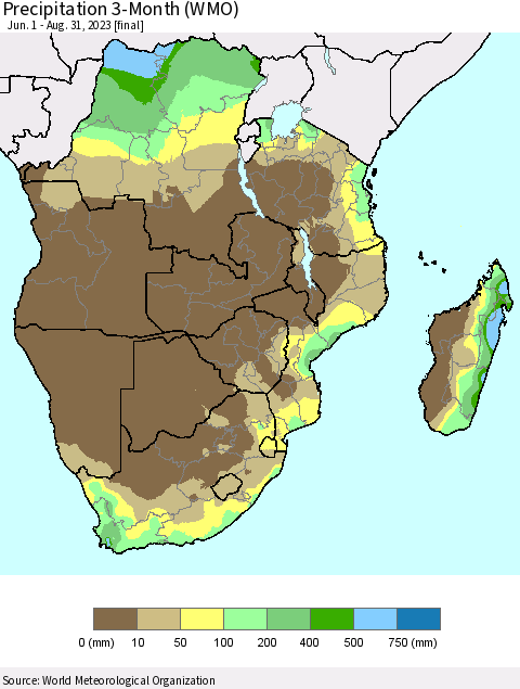 Southern Africa Precipitation 3-Month (WMO) Thematic Map For 6/1/2023 - 8/31/2023
