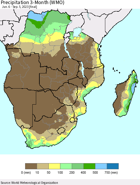 Southern Africa Precipitation 3-Month (WMO) Thematic Map For 6/6/2023 - 9/5/2023