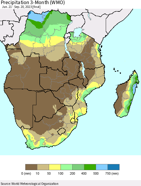 Southern Africa Precipitation 3-Month (WMO) Thematic Map For 6/21/2023 - 9/20/2023