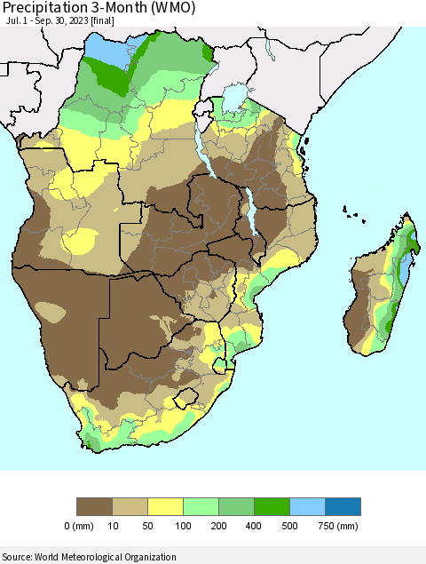 Southern Africa Precipitation 3-Month (WMO) Thematic Map For 7/1/2023 - 9/30/2023