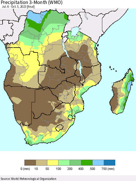 Southern Africa Precipitation 3-Month (WMO) Thematic Map For 7/6/2023 - 10/5/2023