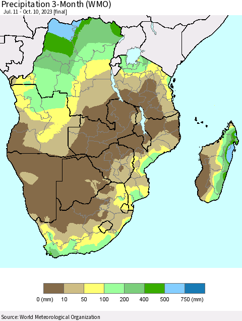 Southern Africa Precipitation 3-Month (WMO) Thematic Map For 7/11/2023 - 10/10/2023