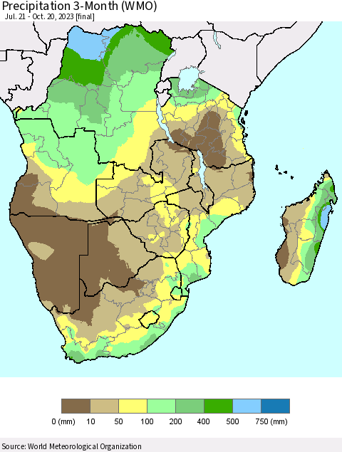 Southern Africa Precipitation 3-Month (WMO) Thematic Map For 7/21/2023 - 10/20/2023