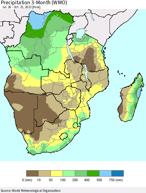 Southern Africa Precipitation 3-Month (WMO) Thematic Map For 7/26/2023 - 10/25/2023