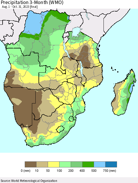 Southern Africa Precipitation 3-Month (WMO) Thematic Map For 8/1/2023 - 10/31/2023