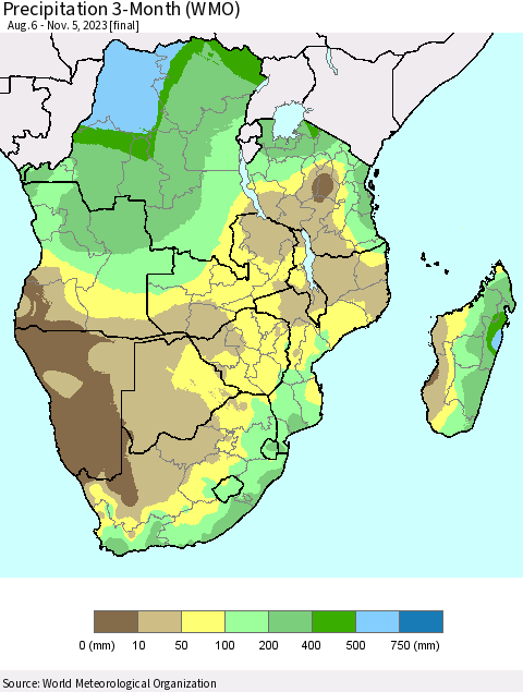 Southern Africa Precipitation 3-Month (WMO) Thematic Map For 8/6/2023 - 11/5/2023