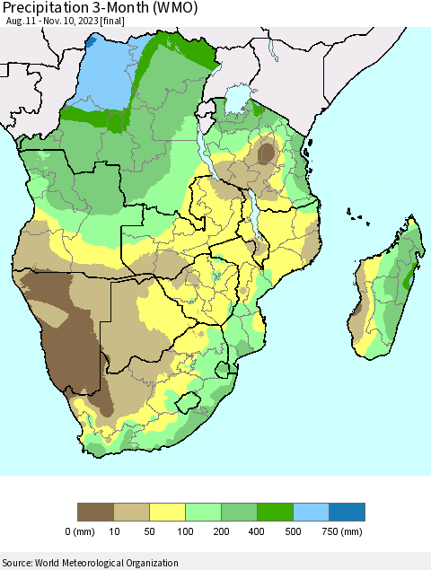 Southern Africa Precipitation 3-Month (WMO) Thematic Map For 8/11/2023 - 11/10/2023