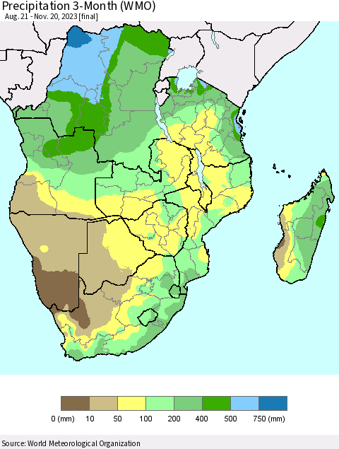 Southern Africa Precipitation 3-Month (WMO) Thematic Map For 8/21/2023 - 11/20/2023