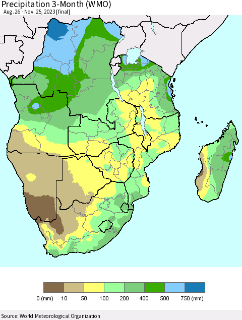 Southern Africa Precipitation 3-Month (WMO) Thematic Map For 8/26/2023 - 11/25/2023