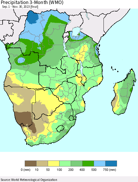 Southern Africa Precipitation 3-Month (WMO) Thematic Map For 9/1/2023 - 11/30/2023