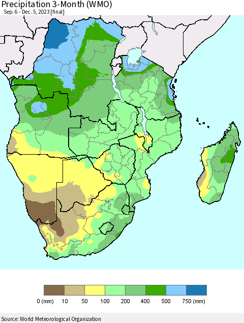 Southern Africa Precipitation 3-Month (WMO) Thematic Map For 9/6/2023 - 12/5/2023