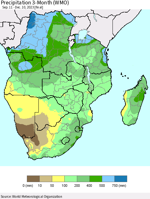 Southern Africa Precipitation 3-Month (WMO) Thematic Map For 9/11/2023 - 12/10/2023