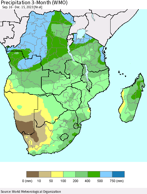Southern Africa Precipitation 3-Month (WMO) Thematic Map For 9/16/2023 - 12/15/2023