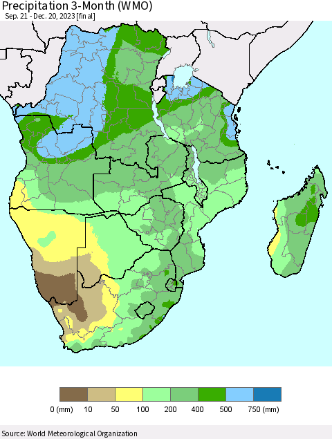Southern Africa Precipitation 3-Month (WMO) Thematic Map For 9/21/2023 - 12/20/2023