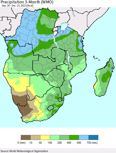 Southern Africa Precipitation 3-Month (WMO) Thematic Map For 9/26/2023 - 12/25/2023