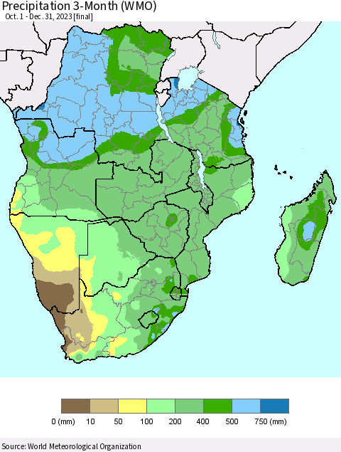 Southern Africa Precipitation 3-Month (WMO) Thematic Map For 10/1/2023 - 12/31/2023