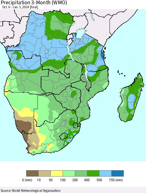 Southern Africa Precipitation 3-Month (WMO) Thematic Map For 10/6/2023 - 1/5/2024