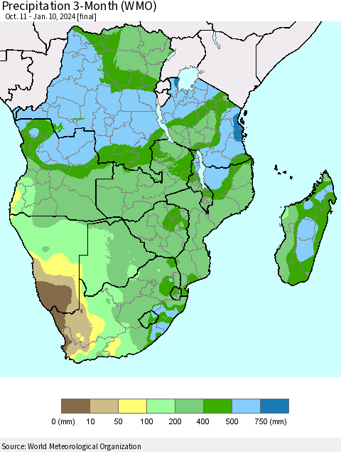Southern Africa Precipitation 3-Month (WMO) Thematic Map For 10/11/2023 - 1/10/2024