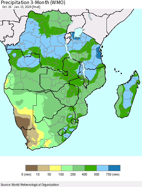 Southern Africa Precipitation 3-Month (WMO) Thematic Map For 10/16/2023 - 1/15/2024