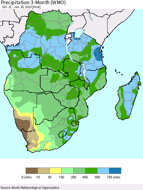 Southern Africa Precipitation 3-Month (WMO) Thematic Map For 10/21/2023 - 1/20/2024