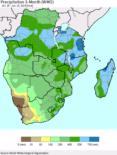 Southern Africa Precipitation 3-Month (WMO) Thematic Map For 10/26/2023 - 1/25/2024