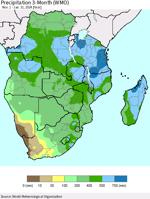 Southern Africa Precipitation 3-Month (WMO) Thematic Map For 11/1/2023 - 1/31/2024