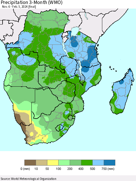 Southern Africa Precipitation 3-Month (WMO) Thematic Map For 11/6/2023 - 2/5/2024