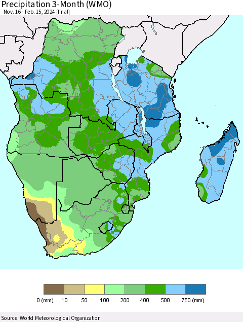 Southern Africa Precipitation 3-Month (WMO) Thematic Map For 11/16/2023 - 2/15/2024