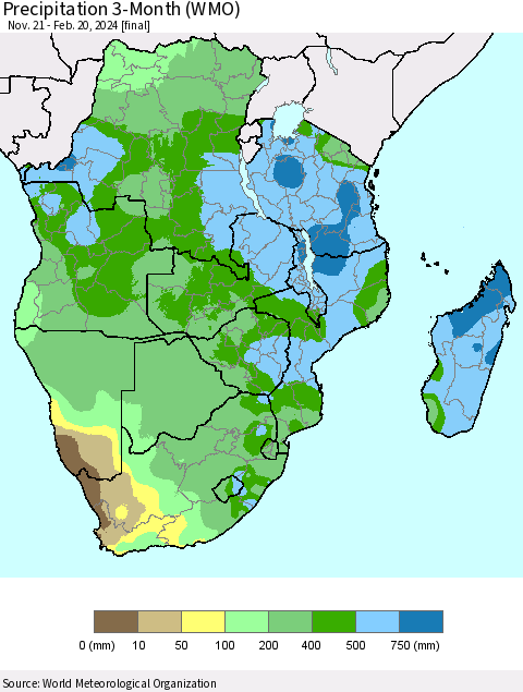 Southern Africa Precipitation 3-Month (WMO) Thematic Map For 11/21/2023 - 2/20/2024