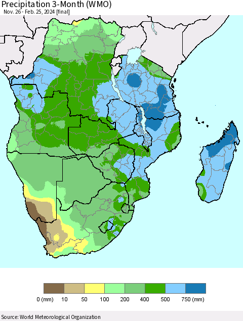 Southern Africa Precipitation 3-Month (WMO) Thematic Map For 11/26/2023 - 2/25/2024