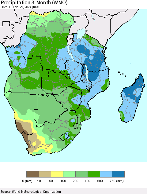 Southern Africa Precipitation 3-Month (WMO) Thematic Map For 12/1/2023 - 2/29/2024