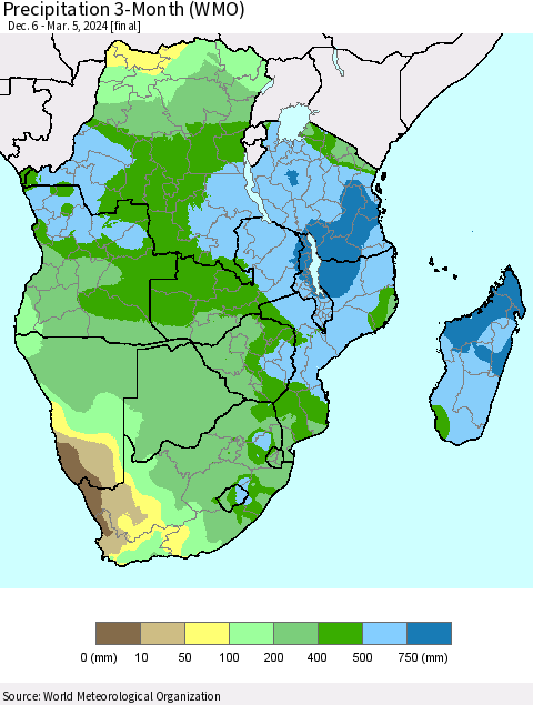 Southern Africa Precipitation 3-Month (WMO) Thematic Map For 12/6/2023 - 3/5/2024