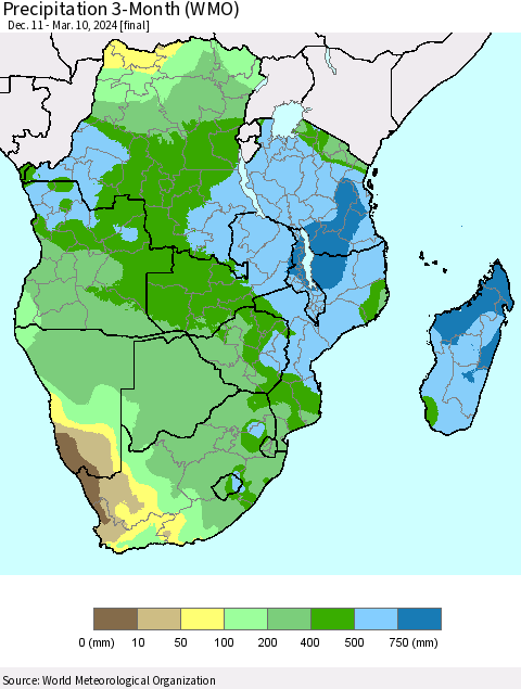 Southern Africa Precipitation 3-Month (WMO) Thematic Map For 12/11/2023 - 3/10/2024