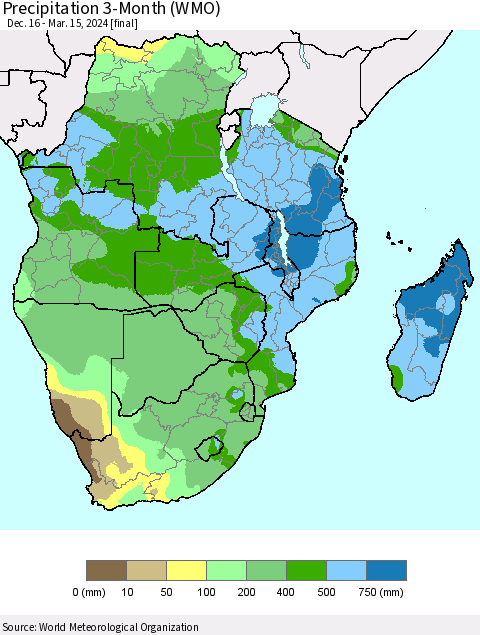 Southern Africa Precipitation 3-Month (WMO) Thematic Map For 12/16/2023 - 3/15/2024