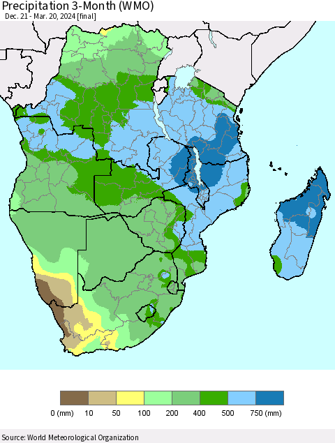 Southern Africa Precipitation 3-Month (WMO) Thematic Map For 12/21/2023 - 3/20/2024