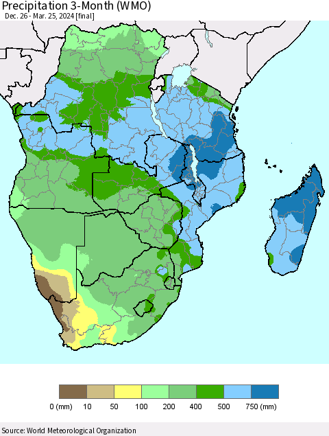 Southern Africa Precipitation 3-Month (WMO) Thematic Map For 12/26/2023 - 3/25/2024
