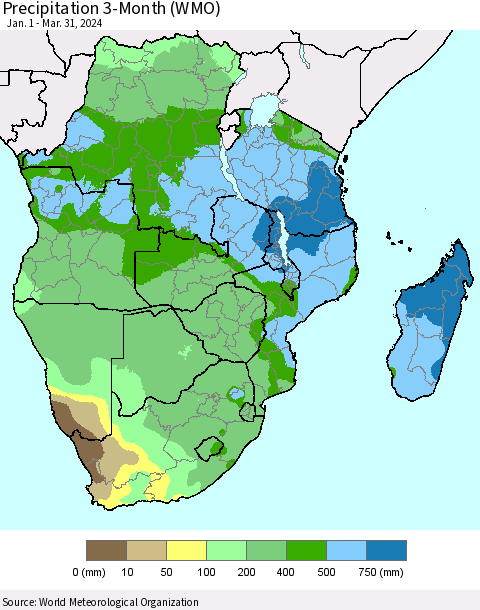 Southern Africa Precipitation 3-Month (WMO) Thematic Map For 1/1/2024 - 3/31/2024