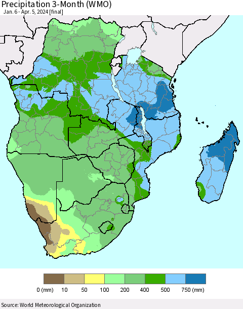 Southern Africa Precipitation 3-Month (WMO) Thematic Map For 1/6/2024 - 4/5/2024