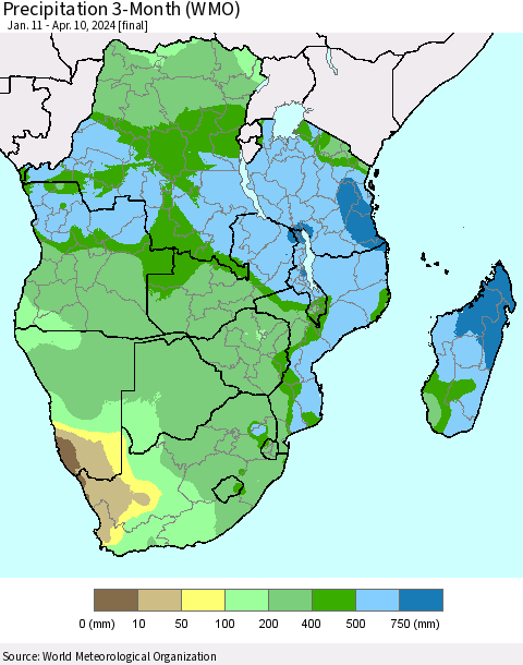 Southern Africa Precipitation 3-Month (WMO) Thematic Map For 1/11/2024 - 4/10/2024