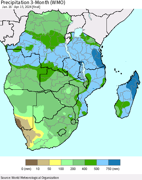 Southern Africa Precipitation 3-Month (WMO) Thematic Map For 1/16/2024 - 4/15/2024