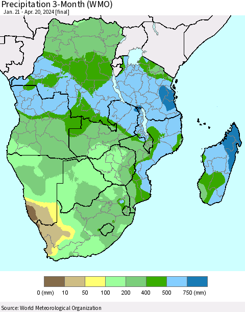Southern Africa Precipitation 3-Month (WMO) Thematic Map For 1/21/2024 - 4/20/2024