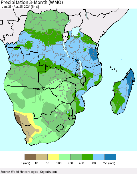Southern Africa Precipitation 3-Month (WMO) Thematic Map For 1/26/2024 - 4/25/2024