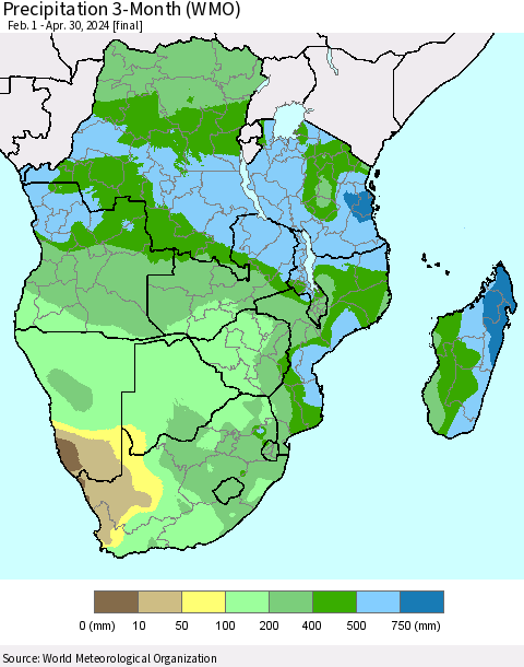 Southern Africa Precipitation 3-Month (WMO) Thematic Map For 2/1/2024 - 4/30/2024