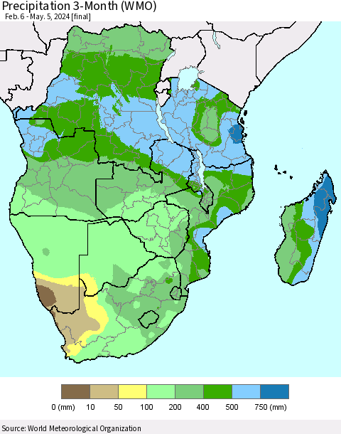 Southern Africa Precipitation 3-Month (WMO) Thematic Map For 2/6/2024 - 5/5/2024