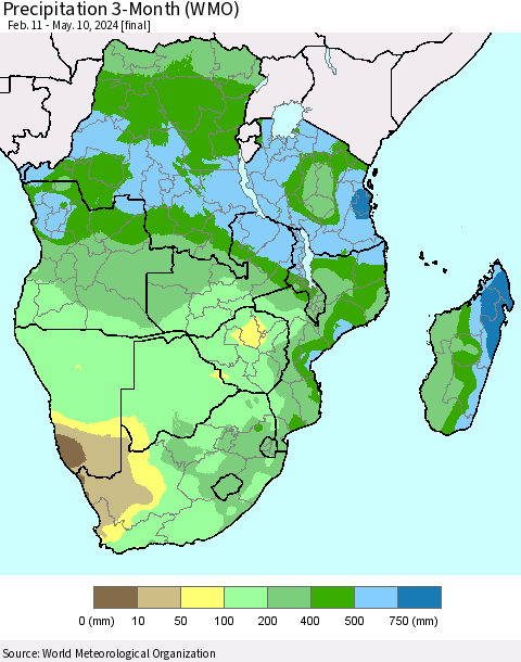 Southern Africa Precipitation 3-Month (WMO) Thematic Map For 2/11/2024 - 5/10/2024